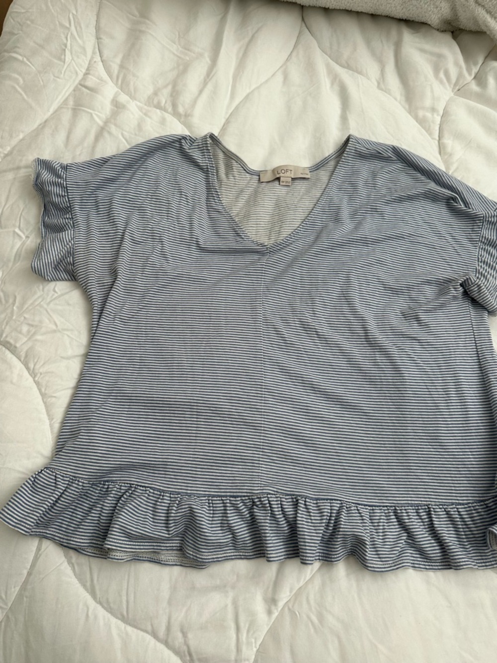 LOFT blue Stripe V-Neck Ruffle Hem Top